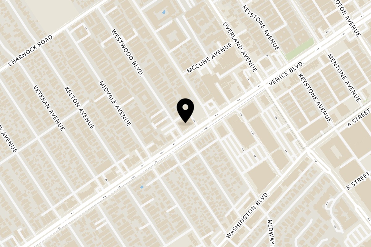 Map showing the location of Abhiruchi Grill on 10823 Venice Blvd. in Los Angeles